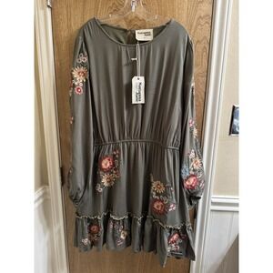 Savannah Jane 2X Olive Floral Embroidered Peasant Dress with Long Sleeves Boho
